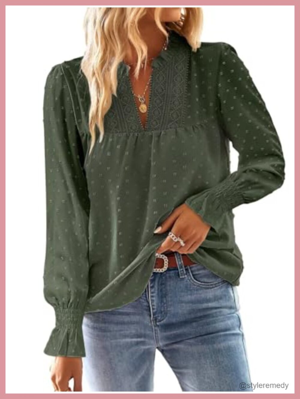 Womens V-Neck Crochet Lace Blouse Long Sleeve Swiss Dot Top